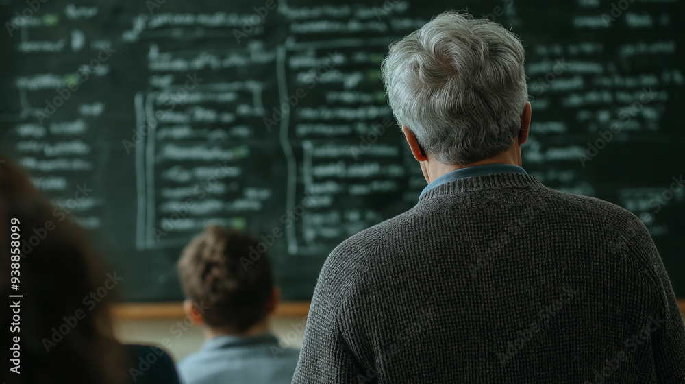 Poster student standing in front of a blackboard filled with complex equations, in a classroom, symbolizing