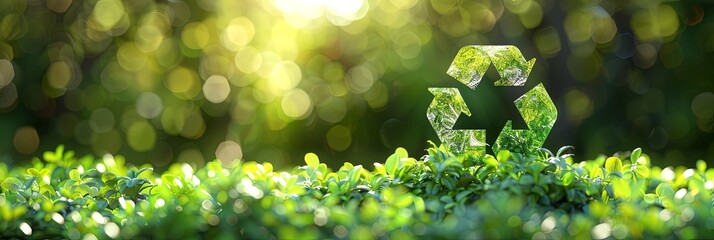 This image features a glass recycle symbol nestled among vibrant green leaves with a beautiful sunlit bokeh background, emphasizing eco-friendliness and nature conservation.