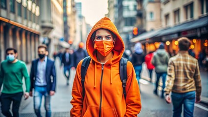 A person wears a vibrant orange hoodie and matching facial covering, blending fashion with protection, while walking in a bustling urban atmosphere.