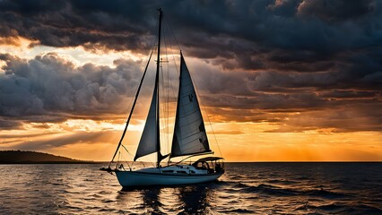 A close-up view from a sailboat with a wooden deck and tall mast, floating on a dark, rippling sea. The scene captures a dramatic sunset with brooding clouds, warm hues reflecting on the water, and in