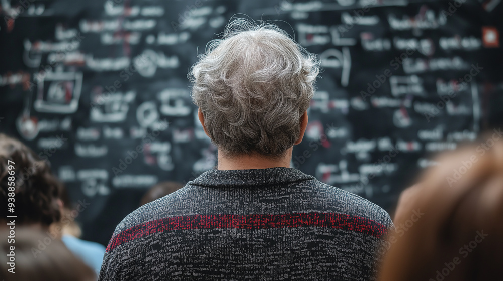 Poster student standing in front of a blackboard filled with complex equations, in a classroom, symbolizing