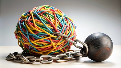 A pile of released rubber bands surrounding a broken shackled ball, symbolizing freedom from financial burden and liberation from overwhelming debt.