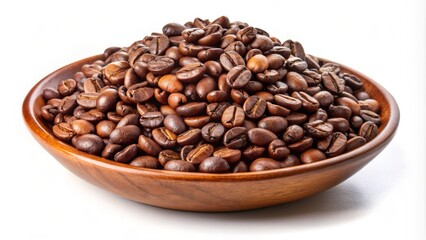 Fototapeta premium A Pile Of Roasted Coffee Beans Arranged In A Shallow Bowl Against A Plain White Background.