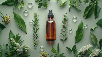 female hand holding amber glass pump bottle over green background with spray bottle and essential oil dropper set flat lay top view spa organic beauty products