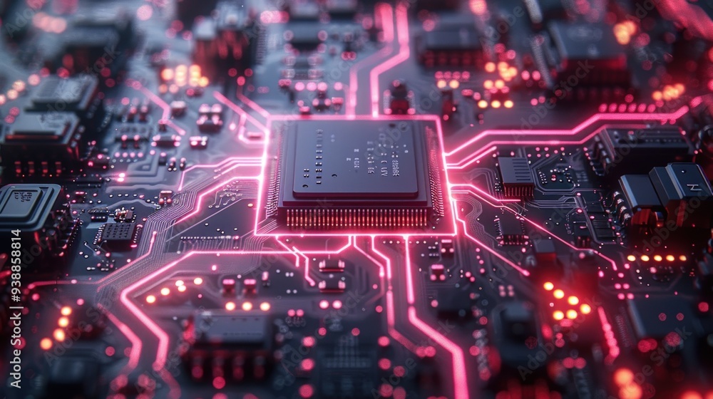 Poster closeup of a circuit board with glowing red lines.