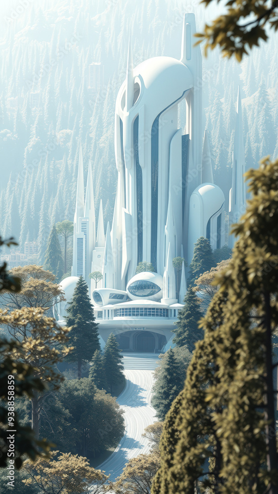 Poster Futuristic Cityscape in a Misty Forest