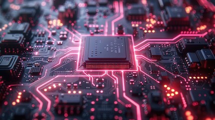 Closeup of a circuit board with glowing red lines.