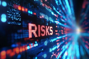 A text "RISKS" on a digital screen, representing uncertainty in technology. 