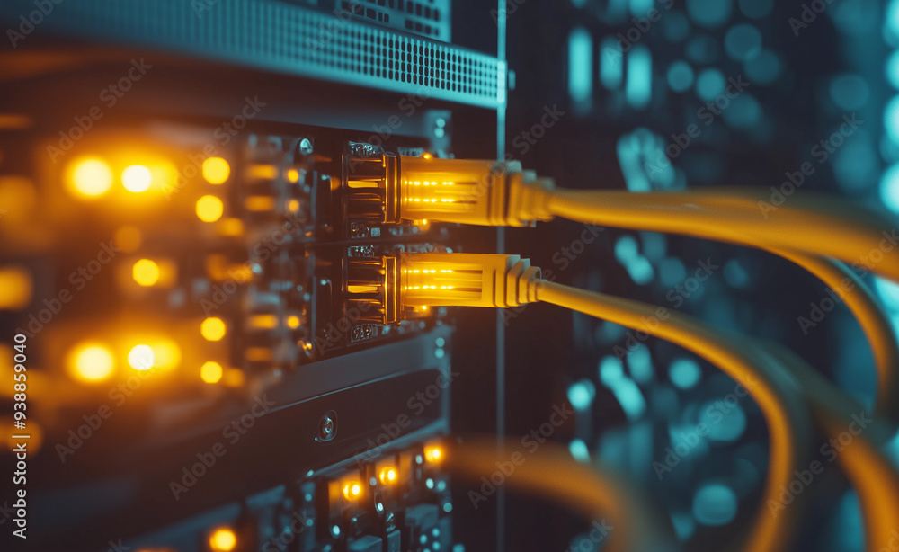 Poster a close-up view of bright yellow network cables connected to servers in a data center, highlighting 