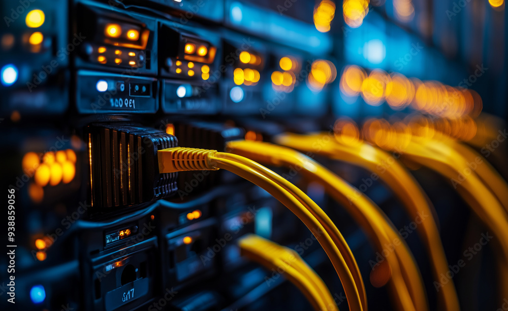 Poster a close-up view of bright yellow network cables connected to servers in a data center, highlighting 