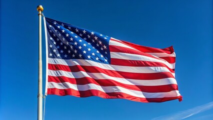 Obraz premium A proud symbol of American patriotism, a vibrant Stars and Stripes flag waves freely in the wind atop a tall, sturdy pole against a clear blue sky.