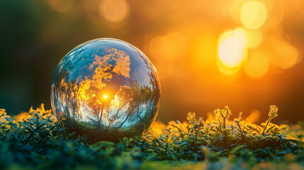 Globe Reflection in Nature with Sunset