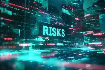 A text "RISKS" on a digital screen, representing uncertainty in technology. 