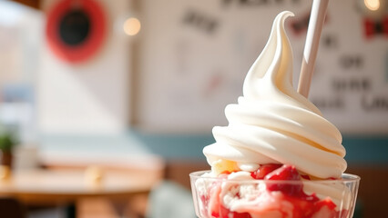 Close-up of a soft serve ice cream sundae