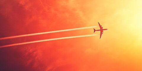 Obraz premium airplane flying through an orange sky during sunset, louds and sky as seen through window of an aircraft