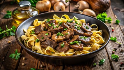 "Savory golden-brown beef strips, saut&eacute;ed with mushrooms and onions, served with steaming egg noodles, garnished with parsley, on a dark rustic wooden table, dimly lit, warm atmosphere"