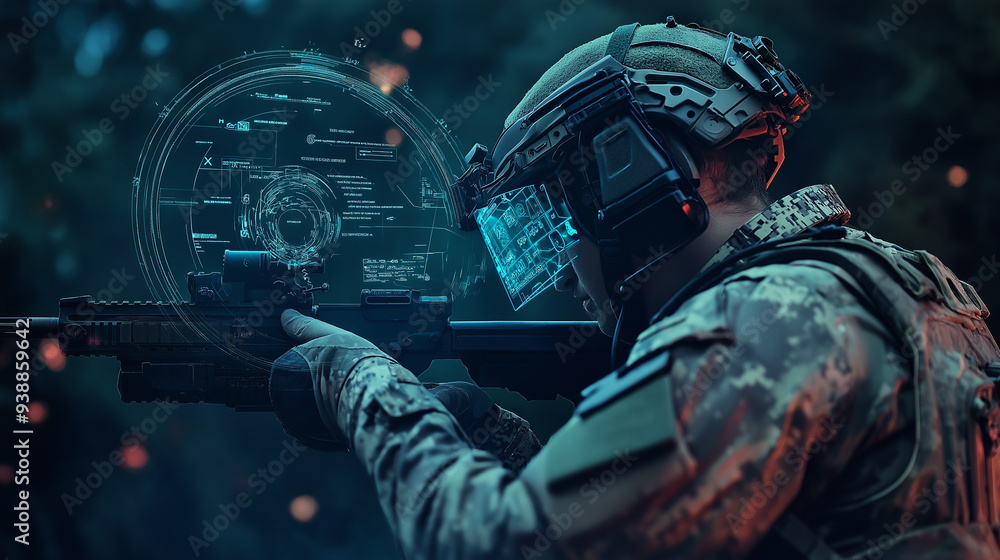 Aufkleber a front-facing view of a soldier wearing a helmet with a heads-up display (hud), surrounded by digit