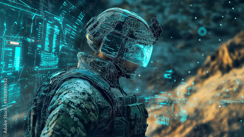 Poster a front-facing view of a soldier wearing a helmet with a heads-up display (hud), surrounded by digit