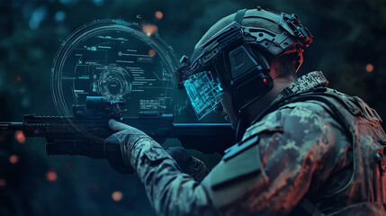 A front-facing view of a soldier wearing a helmet with a Heads-Up Display (HUD), surrounded by digital data and interfaces, showcasing the future of military technology and information warfare.