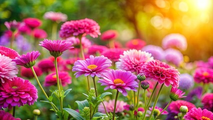 Obraz premium Vibrant pink flowers blooming in a colorful garden, showcasing the beauty of nature in springtime