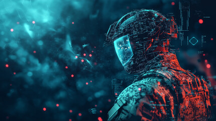 A soldier in advanced combat gear and a helmet with digital overlays aims a high-tech rifle, illustrating the integration of technology and warfare in a futuristic setting.