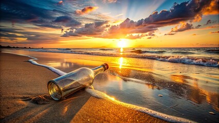 Beautiful sunset message in a bottle washed up on a sandy beach by the ocean with a glass bottle