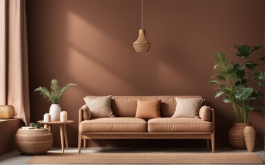 Cozy home interior with wooden furniture on brown background, empty wall mockup in boho decoration, 3d render