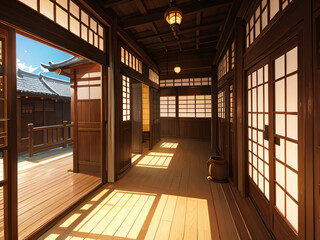 朝の光の中の伝統的な日本家屋