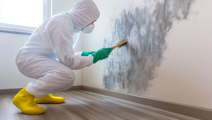 Person in Protective Suit Cleaning Black Mold from Living Room Wall