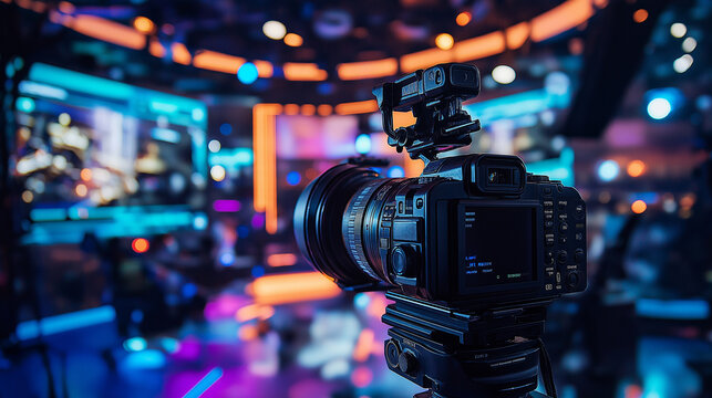 Camera setup in a professional television studio, capturing the vibrant lights and screens, representing the technical and creative aspects of media production.