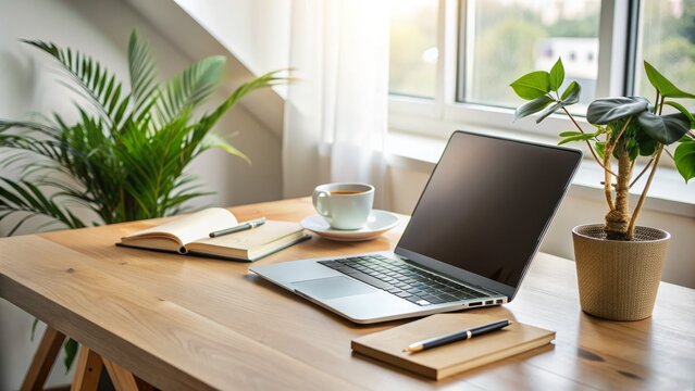 A serene desk with a laptop, notebook, and pen, surrounded by minimalist decor, evoking a sense of focus and productivity in a distraction-free environment.