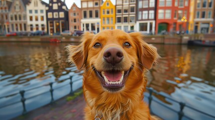 Happy Dog Smiling for a Selfie by the Canal in a Colorful European City