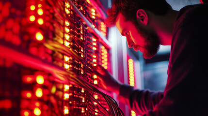 An IT technician carefully inspects and works on a rack of servers in a dimly lit server room, the red indicator lights highlighting the critical nature of his work.