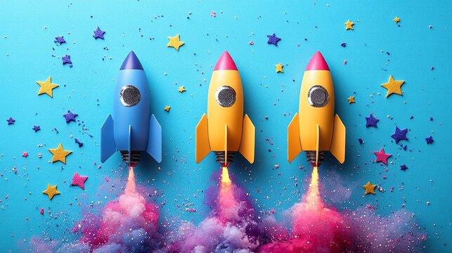 firework rockets on light blue background happy independence day USA