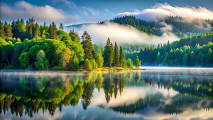 Obraz premium A sharp white line divides a misty morning landscape, contrasting with a vibrant green forest and a serene, fog-covered lake in the background.