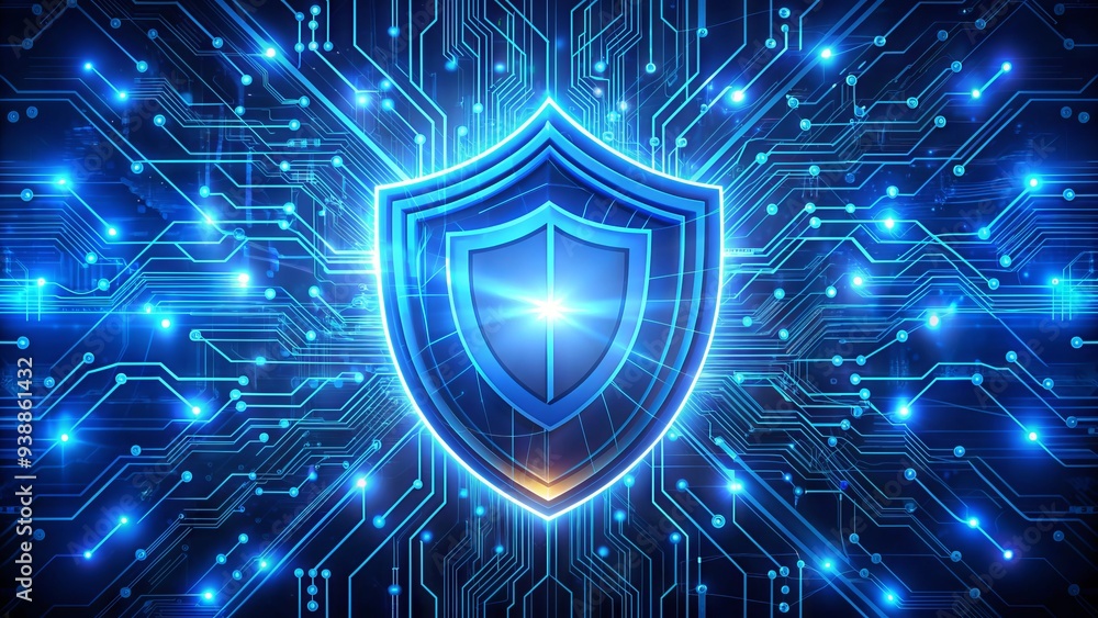 Poster a shiny blue shield with a glowing network symbol at its center, surrounded by circuits and wires, r
