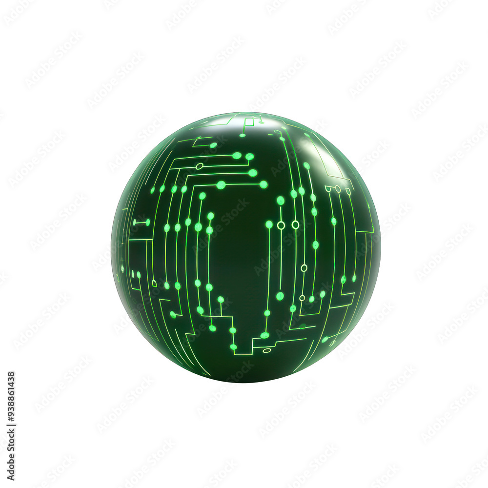 Poster futuristic green digital sphere with circuit board pattern, representing advanced technology and inn