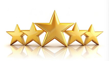 Fototapeta premium A shiny golden five-star icon isolated on a white background, symbolizing excellence, quality, and perfection in ratings and reviews.