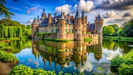 Obraz premium Majestic medieval castle with lush greenery and a moat, featuring royal architecture in a historic kingdom