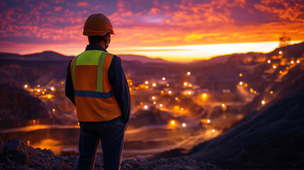 Mining engineer in an orange safety vest overlooks a vast mining operation at sunset, capturing the scale and intensity of industrial work.
