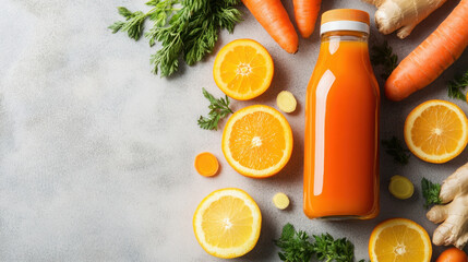 Bottle of fresh carrot, orange, and ginger juice surrounded by sliced citrus fruits and vegetables on a light background