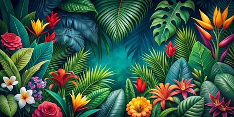 Fototapeta premium Vibrant modern tropical jungle pattern with exotic flowers and lush foliage