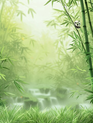 Obraz premium Chinese Giant Panda in Serene Green Setting, Bamboo Bonjing Suspended Base on Lush Lawn, Theme with Waterfalls and Bamboo Structures, Realistic Photography of Pandas and Nature, 