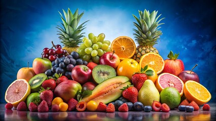 A vibrant display of fresh and ripe fruits against a clean studio backdrop