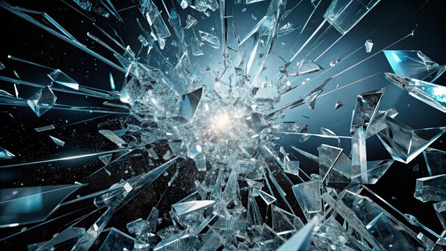 Explosion of sharp shattered glass splinters on dark background, creating a dangerous and broken aesthetic