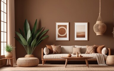 Cozy home interior with wooden furniture on brown background, empty wall mockup in boho decoration, 3d render