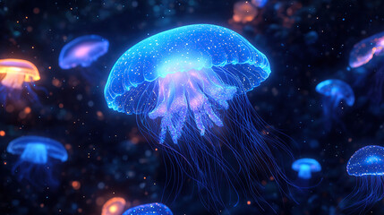 Obraz premium 3D render of a glowing blue jellyfish in the dark ocean