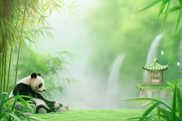 Obraz premium Chinese Giant Panda in Serene Green Setting, Bamboo Bonjing Suspended Base on Lush Lawn, Theme with Waterfalls and Bamboo Structures, Realistic Photography of Pandas and Nature, 