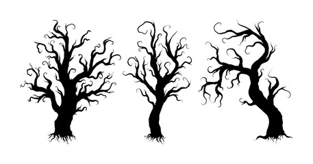 Silhouettes of eerie black trees for Halloween, including ghostly trees with sinister. Collection of hand drawn, barren tree silhouettes, perfect for Halloween card decorations.