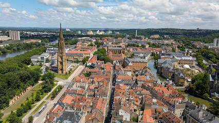 View from above to the city of Metz which is a town in France with a historical city center 